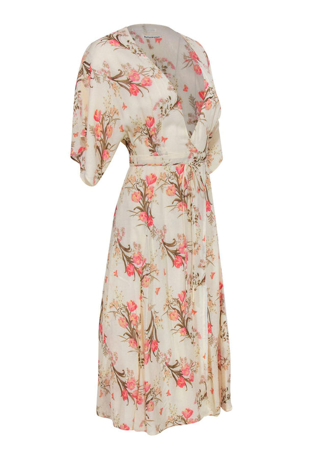 Current Boutique-Reformation - Cream & Pink Tulip Print Short Sleeve Wrap Midi Dress Sz XS