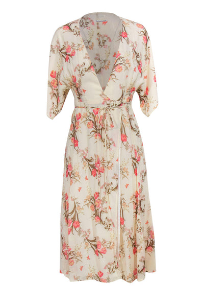Current Boutique-Reformation - Cream & Pink Tulip Print Short Sleeve Wrap Midi Dress Sz XS
