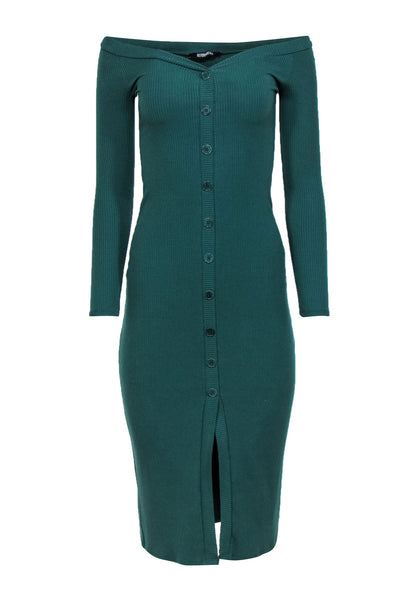 Current Boutique-Reformation - Forest Green Ribbed V-Neck Button-Front Midi Dress Sz M