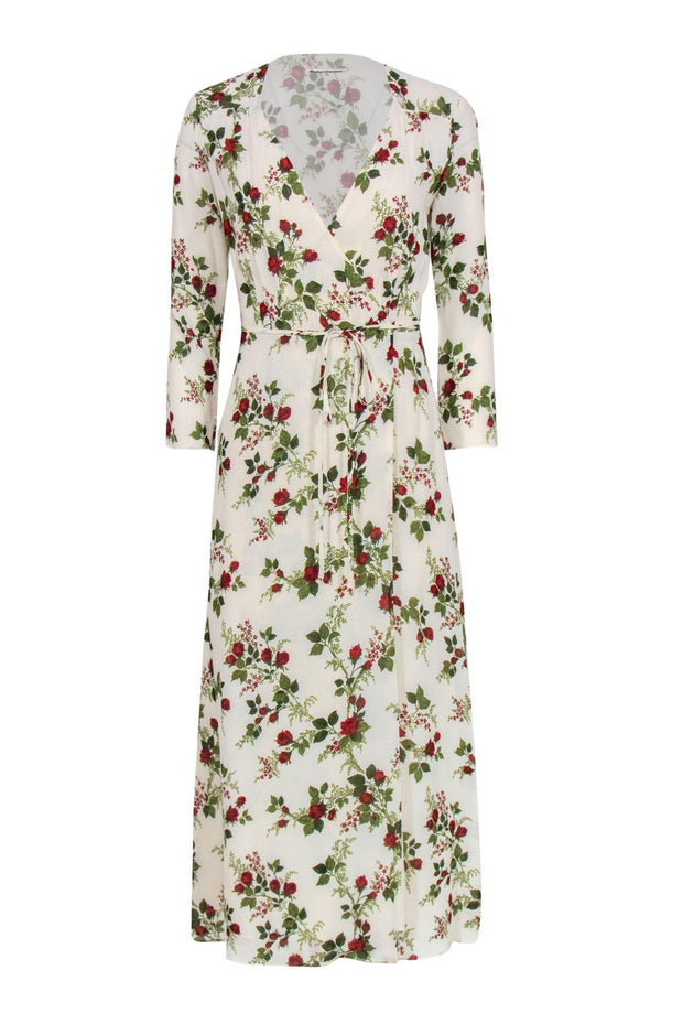Current Boutique-Reformation - Ivory, Red & Green Rose Print "Alessandra" Wrap Maxi Dress Sz XS