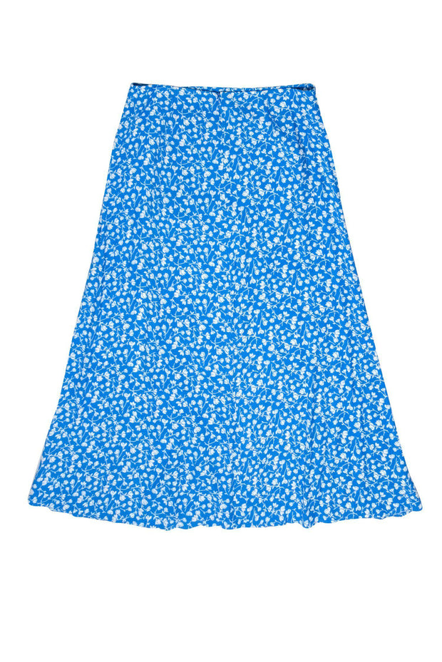 Current Boutique-Reformation - Light Blue & White Floral Print Ruched Maxi Skirt w/ Slit Sz 10