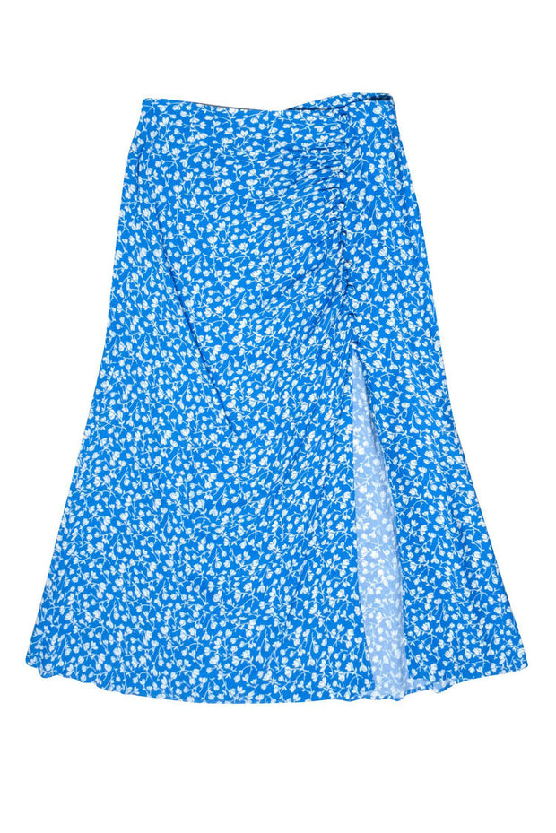 Current Boutique-Reformation - Light Blue & White Floral Print Ruched Maxi Skirt w/ Slit Sz 10