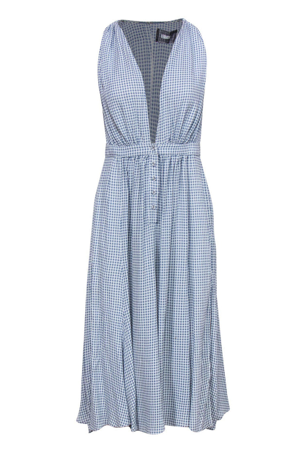 Current Boutique-Reformation - Light Blue & White Gingham Print Buttoned Sleeveless Midi Dress Sz 4
