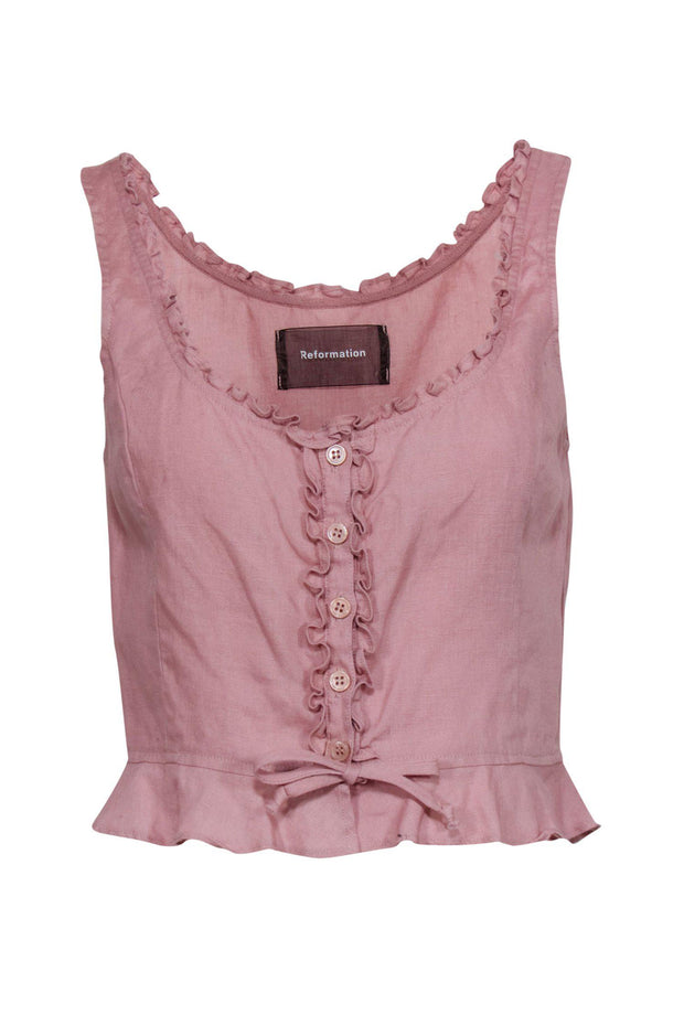 Current Boutique-Reformation - Light Pink Cropped Button-Up Linen Tank w/ Ruffle Trim Sz S