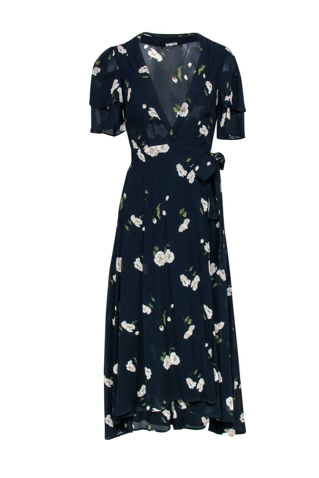 Current Boutique-Reformation - Navy Floral Print Short Sleeve Wrap Maxi "Layley" Dress Sz S