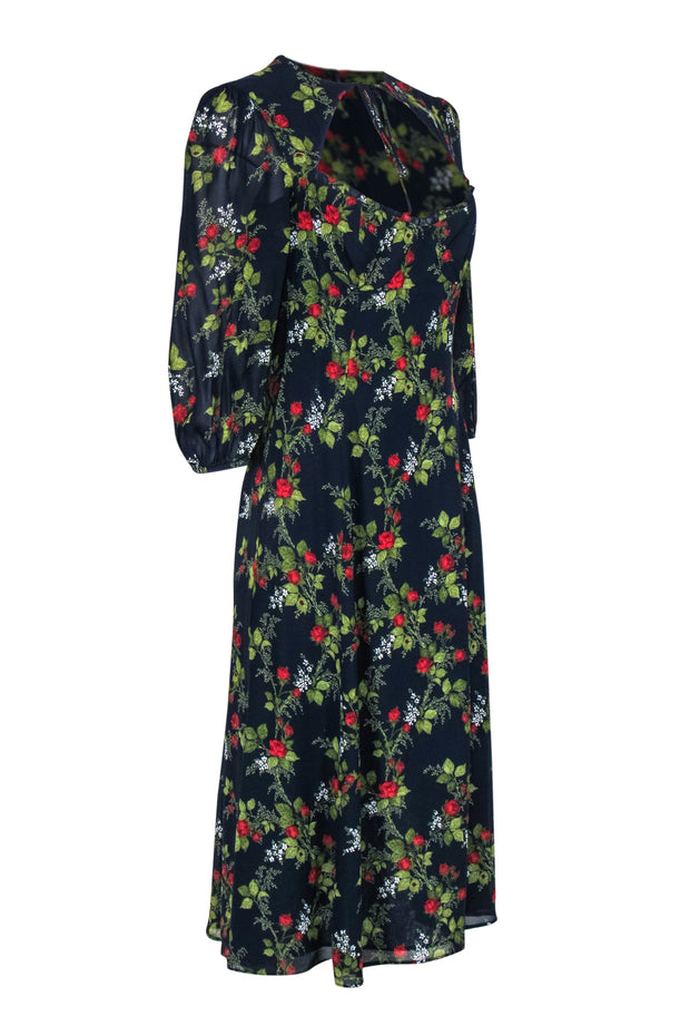 Current Boutique-Reformation - Navy, Red & Green Rose Print Puff Sleeve Cutout Maxi Dress Sz 8