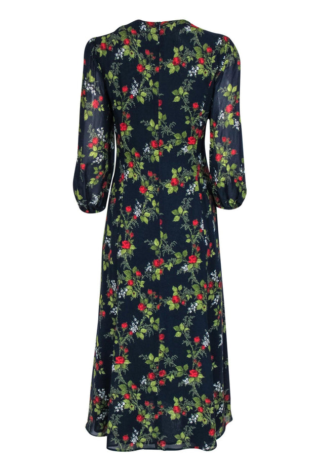 Current Boutique-Reformation - Navy, Red & Green Rose Print Puff Sleeve Cutout Maxi Dress Sz 8