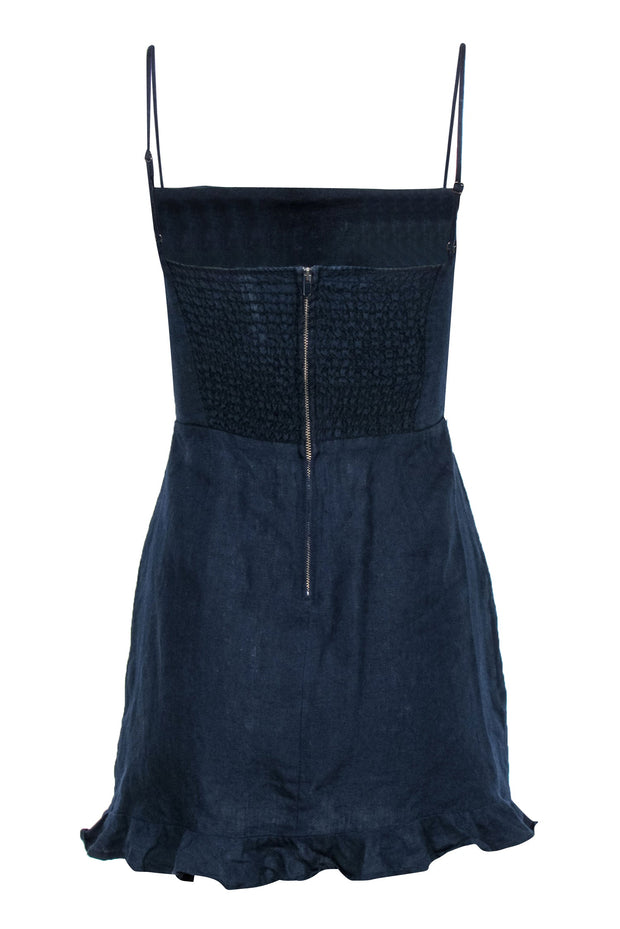 Current Boutique-Reformation - Navy Sleeveless Linen Mini Sheath Dress w/ Ruffle Hem Sz 2