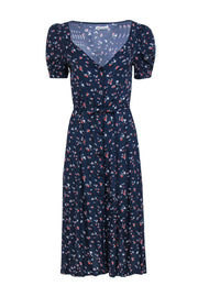 Current Boutique-Reformation - Navy, White & Red Floral Print Puff Sleeve Button-Up Dress Sz 8