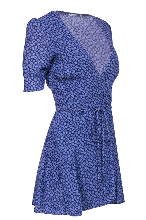 Current Boutique-Reformation - Purple Floral Print Short Sleeve Mini Wrap Dress Sz S