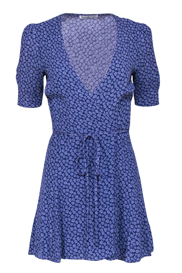 Current Boutique-Reformation - Purple Floral Print Short Sleeve Mini Wrap Dress Sz S