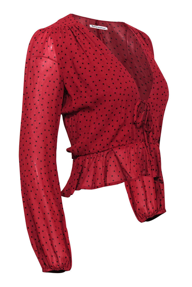 Current Boutique-Reformation - Red & Black Polka Dot Long Sleeve Peplum Blouse Sz XS