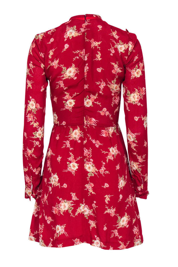 Current Boutique-Reformation - Red Floral High Neck Mini Dress w/ Ruffle Trim Sz 0