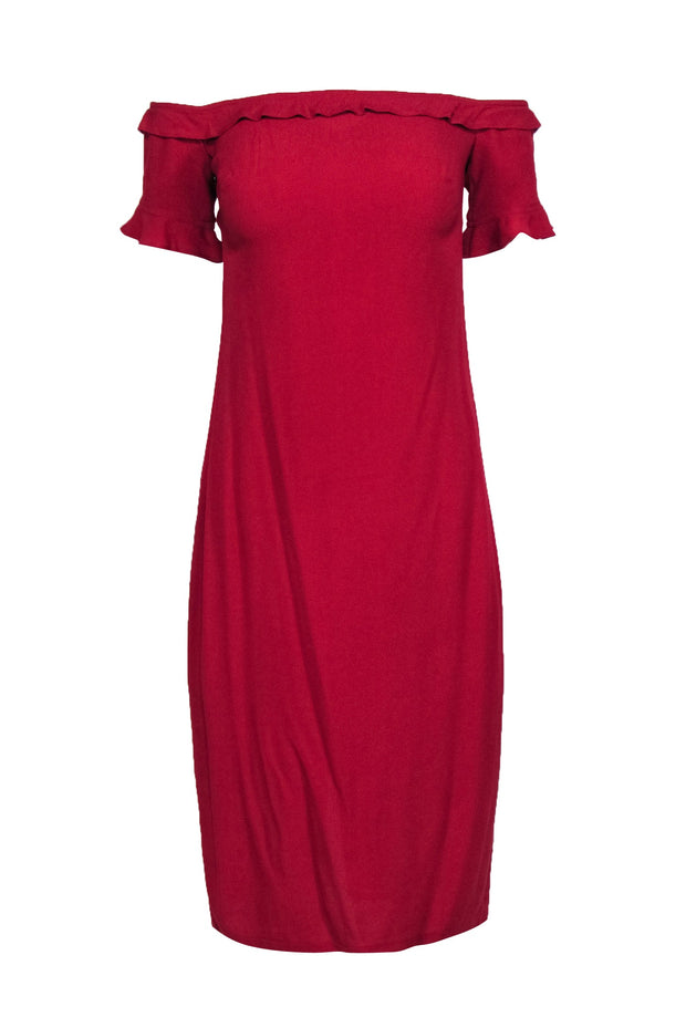 Current Boutique-Reformation - Red Off-the-Shoulder Ruffled “Antonia” Midi Dress Sz 4