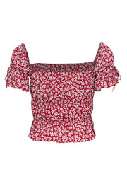 Current Boutique-Reformation - Red & White Floral Print Short Sleeve Ruched Crop Top Sz XS