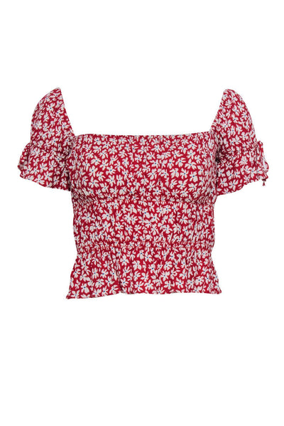 Current Boutique-Reformation - Red & White Floral Print Short Sleeve Ruched Crop Top Sz XS