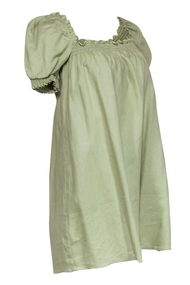 Current Boutique-Reformation - Sage Green Linen "Carsen" Puff Sleeve Mini Shift Dress Sz L