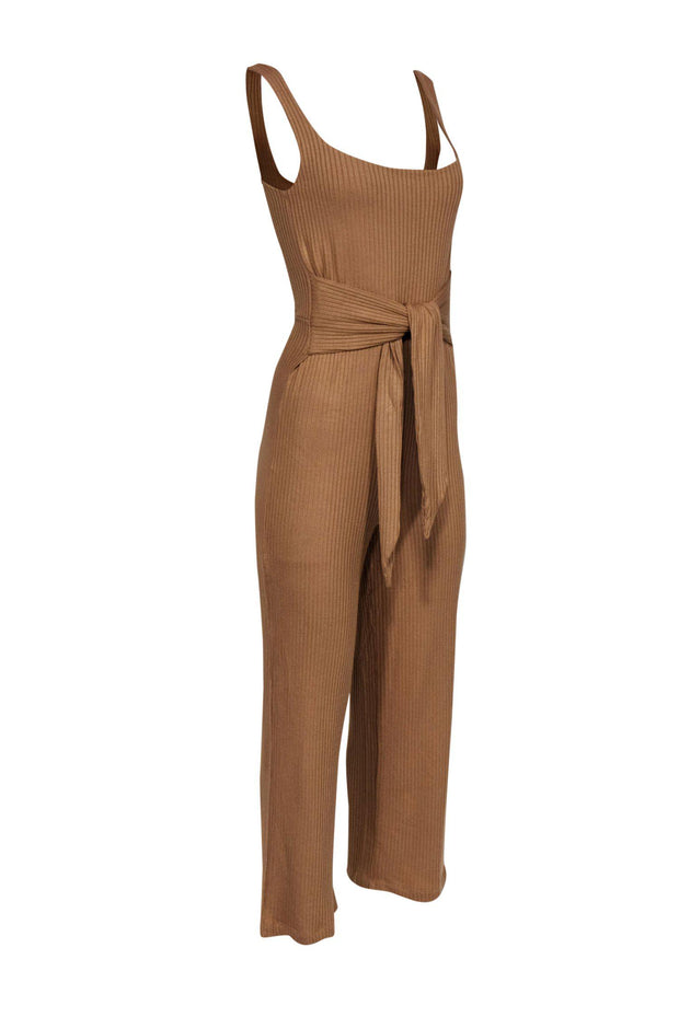 Current Boutique-Reformation - Tan Ribbed Sleeveless Straight Leg Front Tie "Kazu" Jumpsuit Sz S