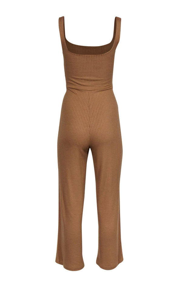 Current Boutique-Reformation - Tan Ribbed Sleeveless Straight Leg Front Tie "Kazu" Jumpsuit Sz S