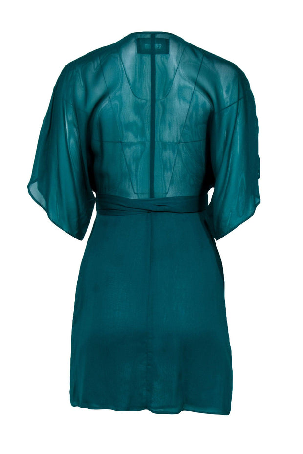 Current Boutique-Reformation - Teal Crepe Wrap Mini Dress w/ Wide Sleeves Sz XS