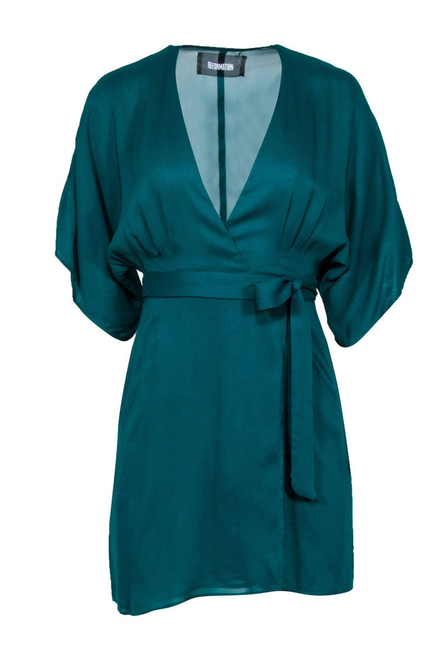 Current Boutique-Reformation - Teal Crepe Wrap Mini Dress w/ Wide Sleeves Sz XS