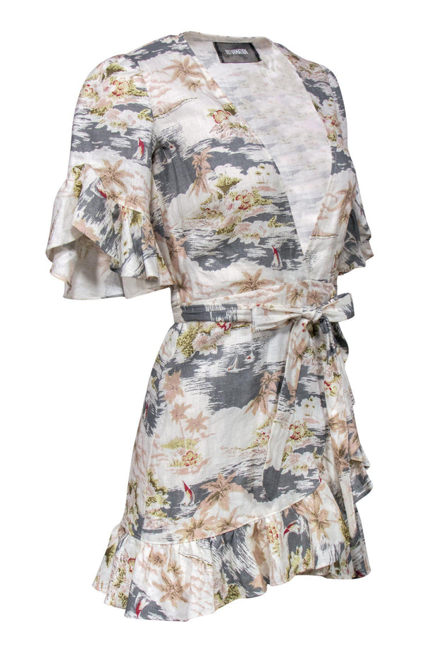 Current Boutique-Reformation - Tropical Sailboat Print Linen Wrap Dress Sz XS