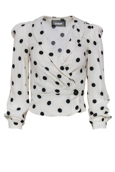 Current Boutique-Reformation - White & Black Polka Dot Long Sleeve Ruffle Wrap Blouse Sz XS