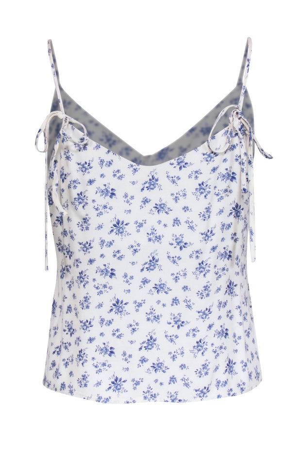 Current Boutique-Reformation - White & Blue Ditsy Floral Print Top w/ Tie Straps Sz M