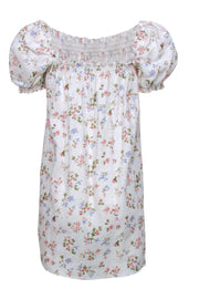 Current Boutique-Reformation - White Floral Print Linen "Carsen" Puff Sleeve Shift Dress Sz L