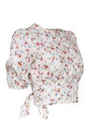 Current Boutique-Reformation - White Floral Print Puff Sleeve Open Back Crop Top Sz XS