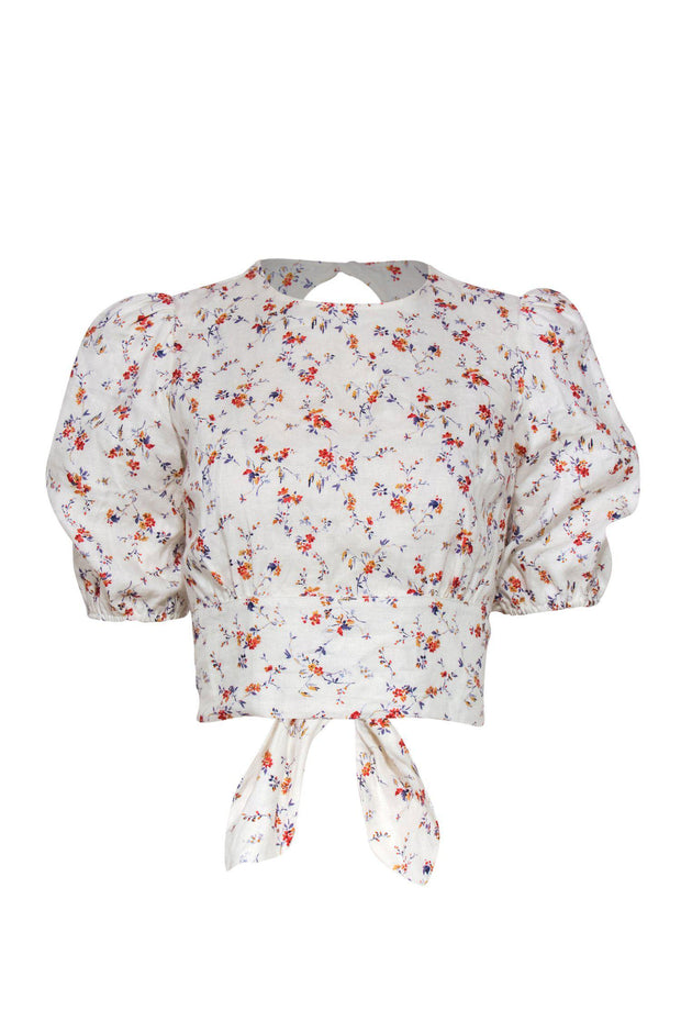 Current Boutique-Reformation - White Floral Print Puff Sleeve Open Back Crop Top Sz XS