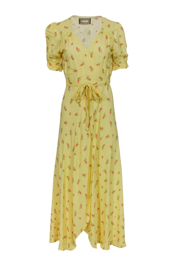 Current Boutique-Reformation - Yellow Floral Print Puff Sleeve Wrap Maxi Dress Sz M