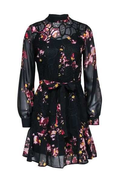 Current Boutique-Reiss - Black Floral Print Mini Dress w/ Crochet Embellishment Sz 4