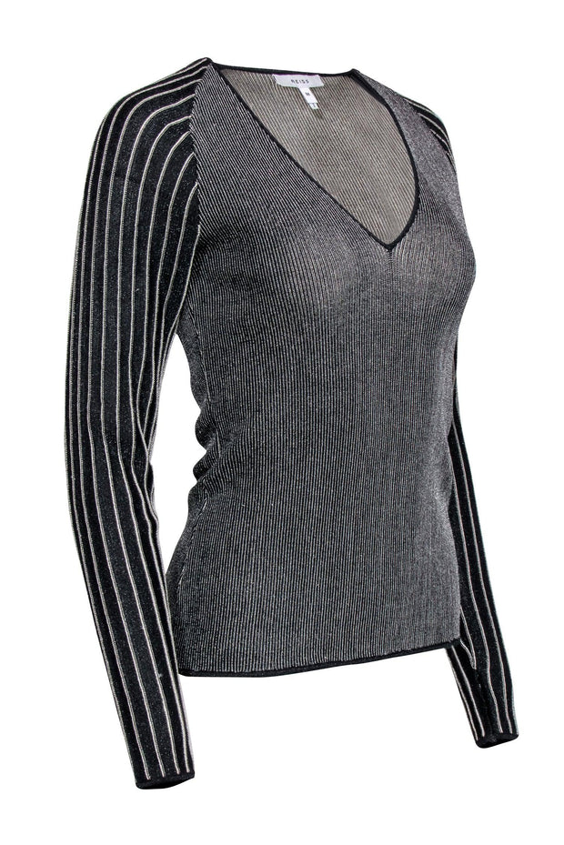 Current Boutique-Reiss - Black & Gold Sparkle Rib Knit Long Sleeve Shirt Sz M