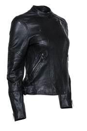 Current Boutique-Reiss - Black Leather Zip-Up Jacket w/ Quilted Trim Sz 6