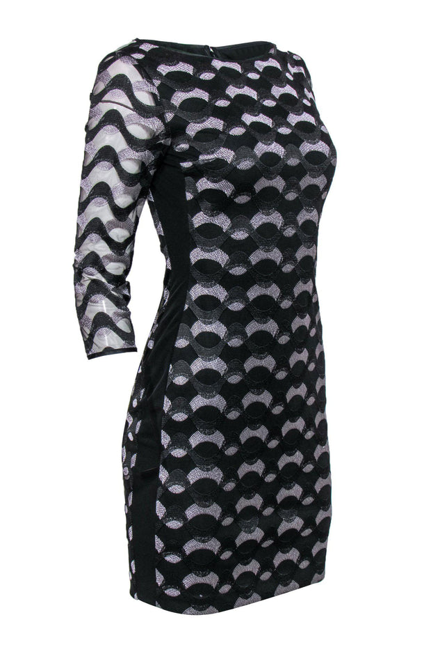 Current Boutique-Reiss - Black & Silver Embroidered Sheath Dress w/ Mesh Sleeves Sz 2
