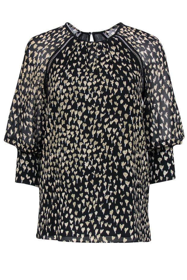 Current Boutique-Reiss - Black & Taupe Floral Print Silky Peasant Top Sz 2