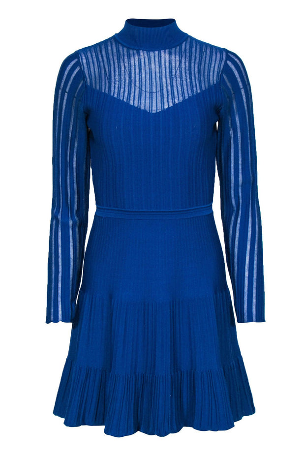 Current Boutique-Reiss - Blue Mock Neck Ribbed Fit & Flare Dress w/ Flounce Hem Sz S