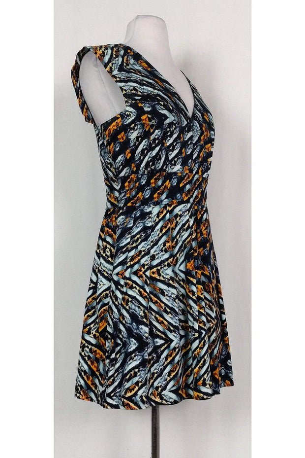Current Boutique-Reiss - Blue & Tan Printed Flared Dress Sz 8
