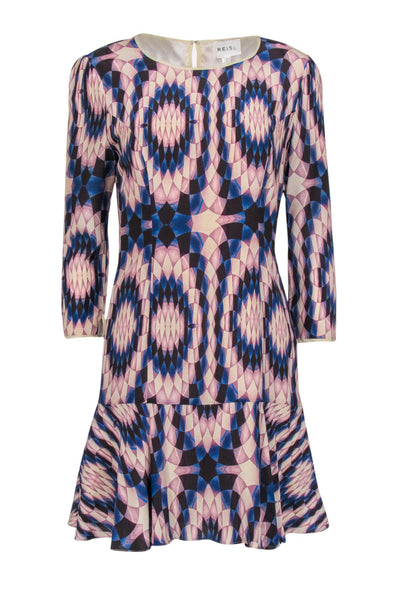 Current Boutique-Reiss - Blue, Tan and Purple Geometric Silk Print Dress w/ Ruffle Hem Sz 6