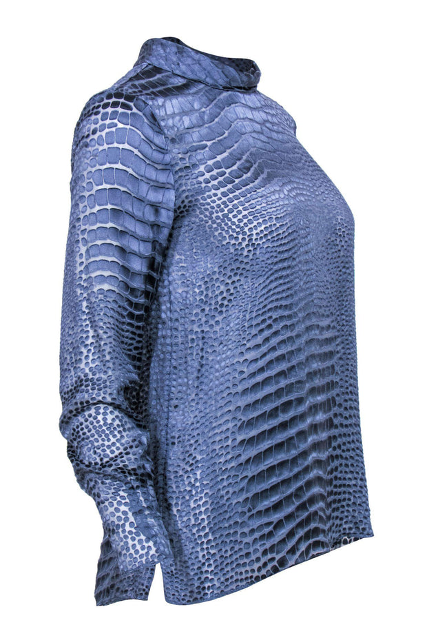 Current Boutique-Reiss - Blue Textured Reptile Print Mock Neck Long Sleeve Blouse Sz 4