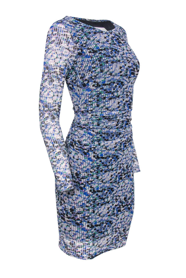 Current Boutique-Reiss - Blue, White & Green Perforated Mesh Ruched Bodycon Dress Sz 2