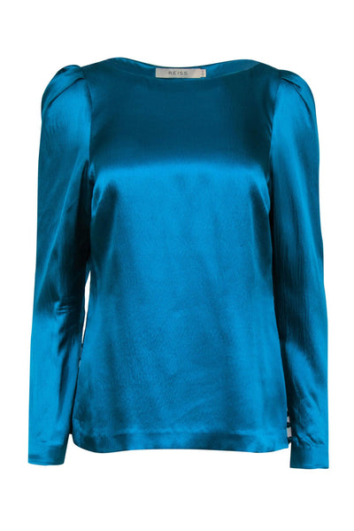 Current Boutique-Reiss - Bright Teal Silk Satin Puffed Sleeved Blouse Sz 8