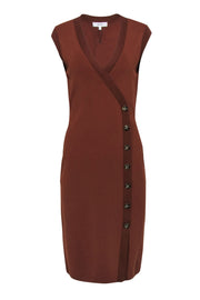 Current Boutique-Reiss - Brown Knit Asymmetrical Button-Up "Eleni" Bodycon Midi Dress Sz L
