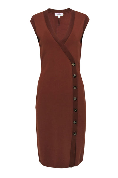 Current Boutique-Reiss - Brown Knit Asymmetrical Button-Up "Eleni" Bodycon Midi Dress Sz L