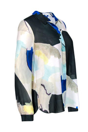 Current Boutique-Reiss - Cream, Black & Blue Printed Sheer Button-Up Blouse Sz 8