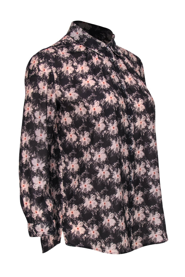 Current Boutique-Reiss - Dark Gray & Pink Floral Collared Blouse Sz 6