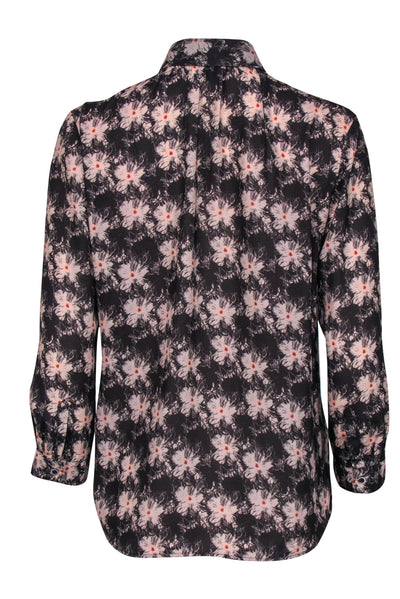 Current Boutique-Reiss - Dark Gray & Pink Floral Collared Blouse Sz 6