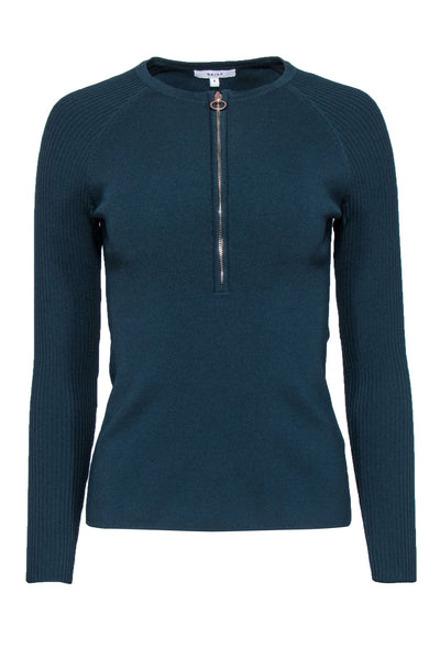 Current Boutique-Reiss - Dark Teal Ribbed Sleeve Quarter-Zip Fitted Top Sz S