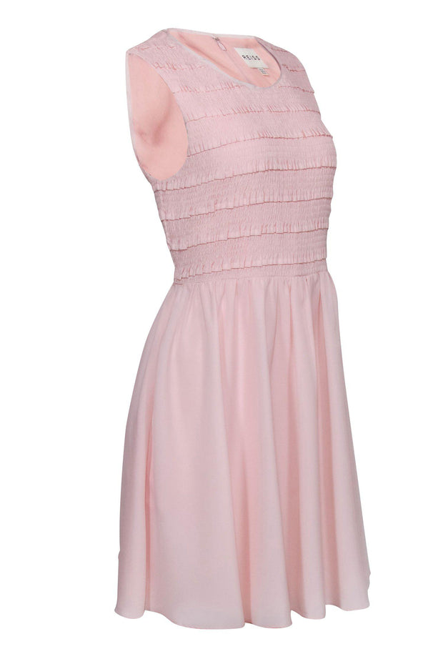 Current Boutique-Reiss - Light Pink Smocked & Ruffled Sleeveless Fit & Flare Dress Sz 12